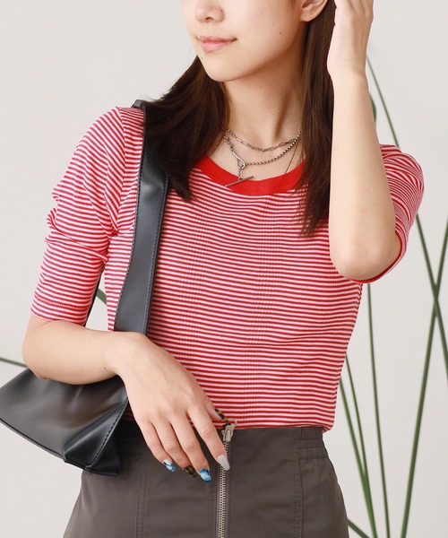 MILLER(ミラー)の「R.P.miller/ミラー パネルリブH/S 5分袖 Tシャツ(Tシャツ/カットソー・レディース・ブラック×レッド/グレー系/ダークグレー/ブラック系/タン/ブラック/ホワイト/ブルー系その他/レッド系その他・FREE)」の9枚目の写真