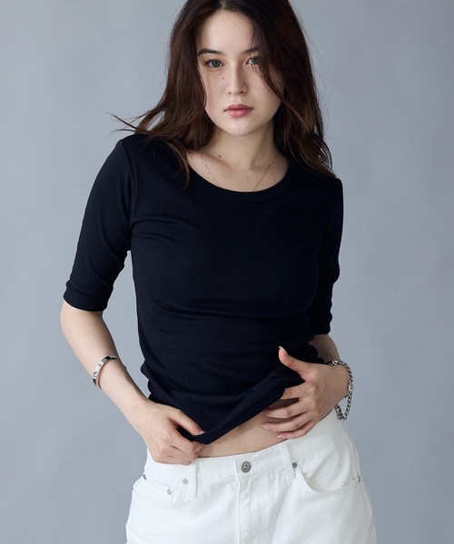 MILLER(ミラー)の「R.P.miller/ミラー パネルリブH/S 5分袖 Tシャツ(Tシャツ/カットソー・レディース・ブラック×レッド/グレー系/ダークグレー/ブラック系/タン/ブラック/ホワイト/ブルー系その他/レッド系その他・FREE)」の3枚目の写真