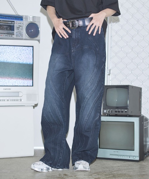 MSG（エムエスジー）の「ヴィンテージ加工オーバーサイズウェーブ切替ワイドストレートバギーデニムパンツ　11.5oz【UNISEX】（デニムパンツ・メンズ・ブラック/ブルー/グレー/ネイビー・L/M/XL/S）」の21枚目の写真