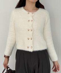 ゴールド ハート ボタン シャギー ショート ニット カーディガン