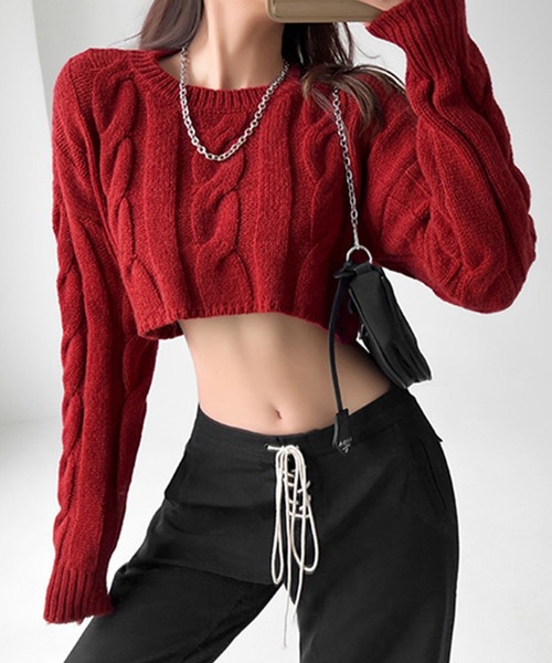 GLAMOROUS JANE(グラマラスジェーン)の「ケーブル編みショート丈ニットトップス(ニット/セーター・レディース・ホワイト/ワインレッド/ブルー/ブラック・FREE)」の2枚目の写真