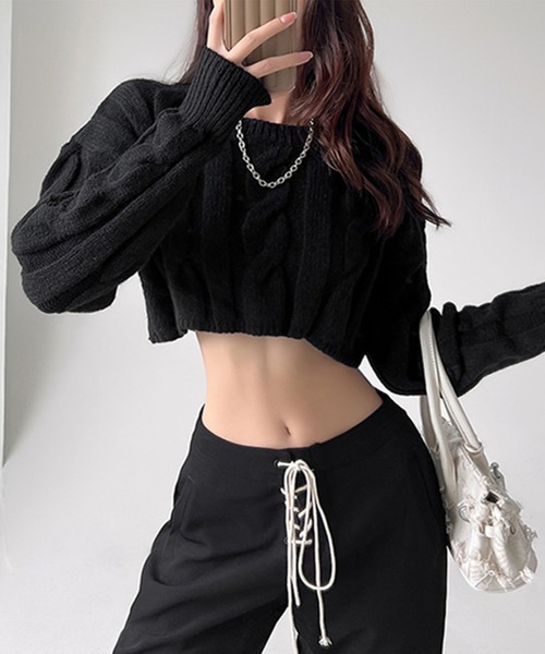 GLAMOROUS JANE(グラマラスジェーン)の「ケーブル編みショート丈ニットトップス(ニット/セーター・レディース・ホワイト/ワインレッド/ブルー/ブラック・FREE)」の7枚目の写真