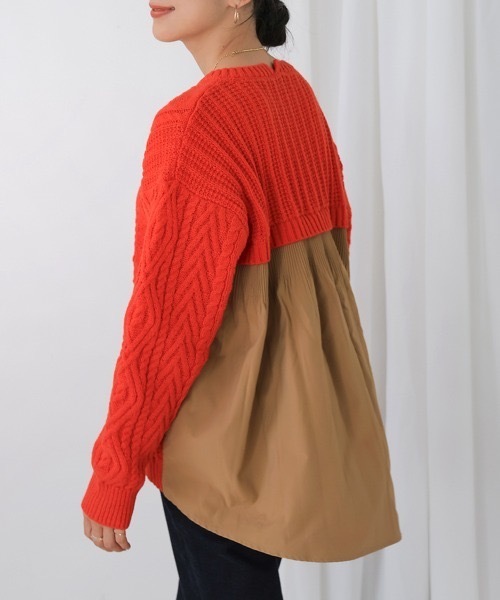 Bou Jeloud(ブージュルード)の「ケーブルバックプリーツニットプルオーバー(ニット/セーター・レディース・レッド/アイボリー/ブラック・FREE)」の1枚目の写真