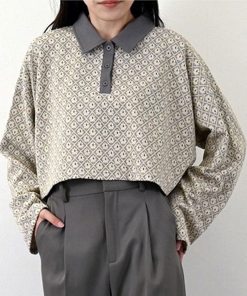 tシャツ 花柄ジャガードカットソーポロカラークロップドプルオーバー レディース 花柄ジャガードカットソーポロカラークロップドプルオーバー（T