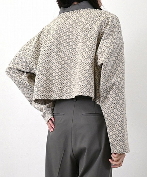 tシャツ 花柄ジャガードカットソーポロカラークロップドプルオーバー レディース 花柄ジャガードカットソーポロカラークロップドプルオーバー（T