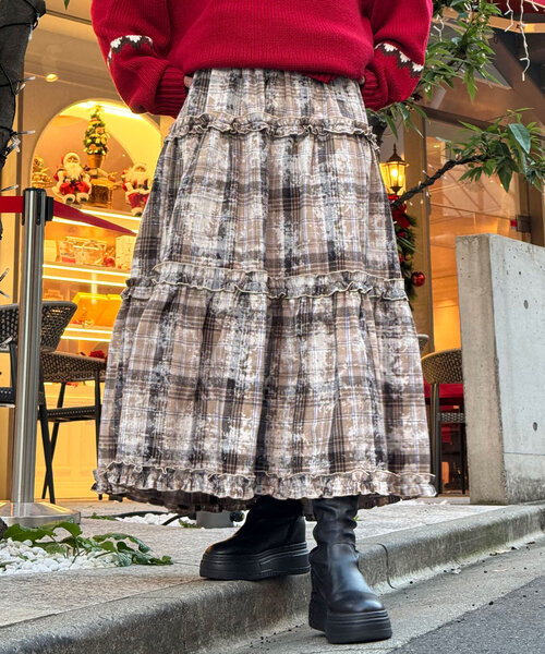 CIAOPANIC（チャオパニック）の「スプレープリントチェックティアードスカート（スカート・レディース・ブラウン/レッド/グリーン・ONE SIZE）」の7枚目の写真