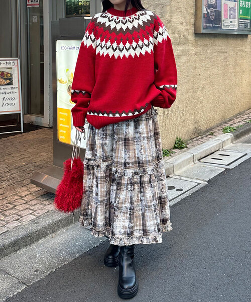 CIAOPANIC（チャオパニック）の「スプレープリントチェックティアードスカート（スカート・レディース・ブラウン/レッド/グリーン・ONE SIZE）」の9枚目の写真