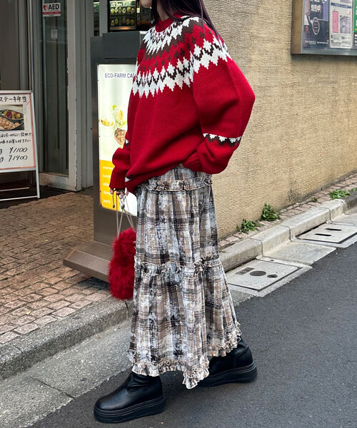 CIAOPANIC（チャオパニック）の「スプレープリントチェックティアードスカート（スカート・レディース・ブラウン/レッド/グリーン・ONE SIZE）」の10枚目の写真