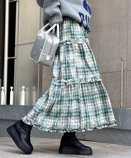 CIAOPANIC（チャオパニック）の「スプレープリントチェックティアードスカート（スカート・レディース・ブラウン/レッド/グリーン・ONE SIZE）」の18枚目の写真