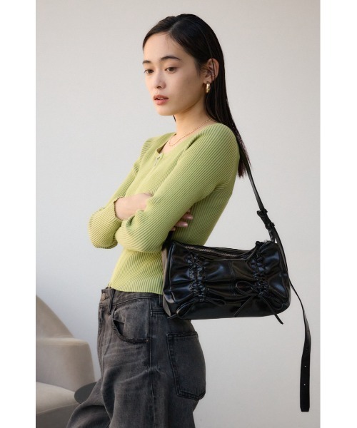 美品エレガントショルダーリボン ベルトデザイン ギャザー チュール Aライン セール】リボンデザインギャザーショルダーバッグ（ショルダーバッグ