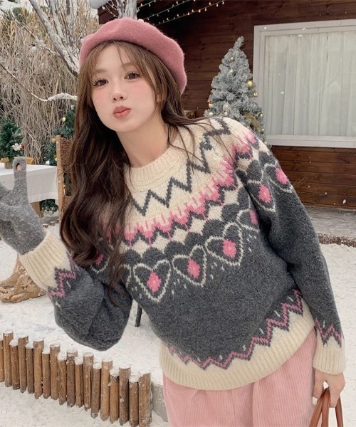 新品未使用タグ付き♡pomiii ファードッキングニット セール】【新色展開】ノルディックパターンニット（ニット