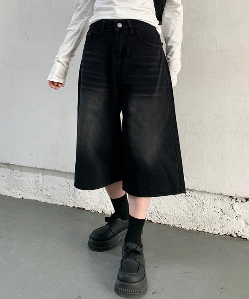 セール】ウォッシュ加工 バギーハーフデニムパンツ（デニムパンツ