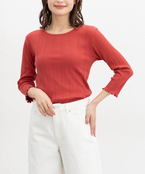 Honeys（ハニーズ）の「【ＵＶカット】７分袖メロー使いテレコＴ（Tシャツ/カットソー・レディース・オフホワイト/サックスブルー/ブラック/ピンク/レッド系その他/ライム/ネイビー/ブラウン・L/LL/M/S）」の8枚目の写真