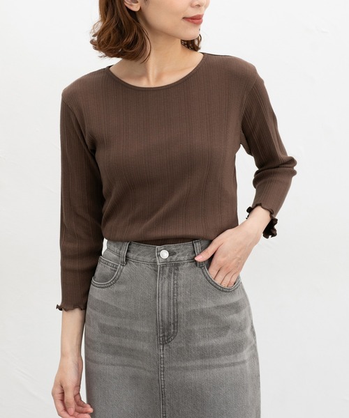 Honeys（ハニーズ）の「【ＵＶカット】７分袖メロー使いテレコＴ（Tシャツ/カットソー・レディース・オフホワイト/サックスブルー/ブラック/ピンク/レッド系その他/ライム/ネイビー/ブラウン・L/LL/M/S）」の3枚目の写真