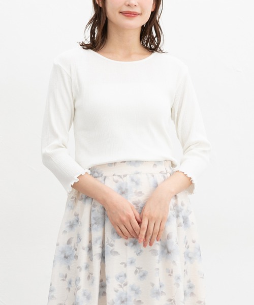 Honeys（ハニーズ）の「【ＵＶカット】７分袖メロー使いテレコＴ（Tシャツ/カットソー・レディース・オフホワイト/サックスブルー/ブラック/ピンク/レッド系その他/ライム/ネイビー/ブラウン・L/LL/M/S）」の2枚目の写真