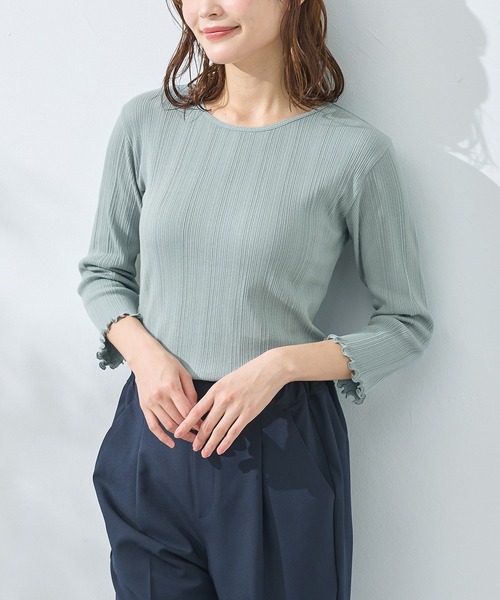 Honeys（ハニーズ）の「【ＵＶカット】７分袖メロー使いテレコＴ（Tシャツ/カットソー・レディース・オフホワイト/サックスブルー/ブラック/ピンク/レッド系その他/ライム/ネイビー/ブラウン・L/LL/M/S）」の6枚目の写真