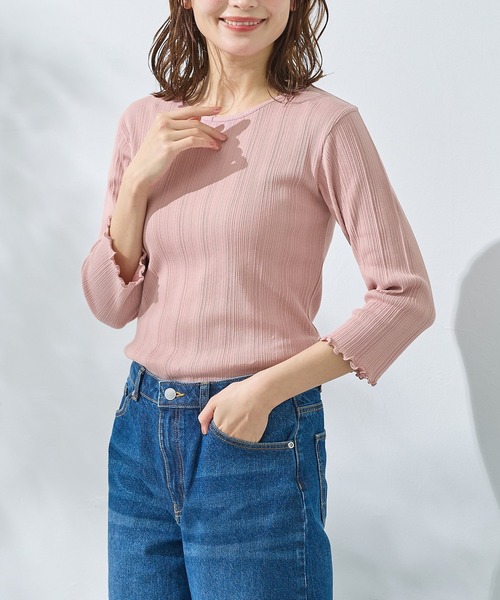 Honeys（ハニーズ）の「【ＵＶカット】７分袖メロー使いテレコＴ（Tシャツ/カットソー・レディース・オフホワイト/サックスブルー/ブラック/ピンク/レッド系その他/ライム/ネイビー/ブラウン・L/LL/M/S）」の7枚目の写真