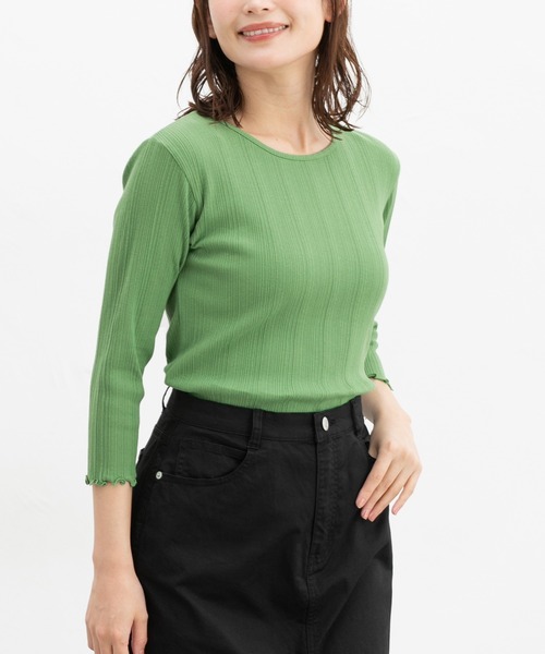 Honeys（ハニーズ）の「【ＵＶカット】７分袖メロー使いテレコＴ（Tシャツ/カットソー・レディース・オフホワイト/サックスブルー/ブラック/ピンク/レッド系その他/ライム/ネイビー/ブラウン・L/LL/M/S）」の4枚目の写真