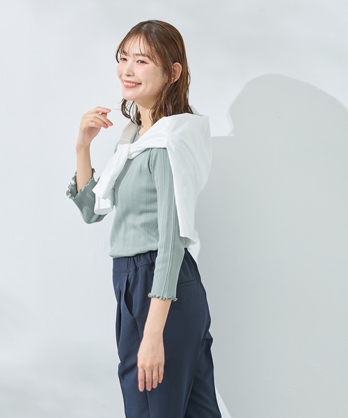 Honeys（ハニーズ）の「【ＵＶカット】７分袖メロー使いテレコＴ（Tシャツ/カットソー・レディース・オフホワイト/サックスブルー/ブラック/ピンク/レッド系その他/ライム/ネイビー/ブラウン・L/LL/M/S）」の15枚目の写真