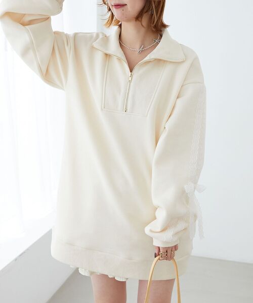 MAJESTIC LEGON（マジェスティックレゴン）の「レースリボンZIP裏起毛スウェット（スウェット・レディース・チャコールグレー/アイボリー/グレー・MEDIUM）」の7枚目の写真