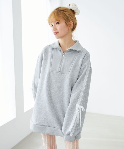 MAJESTIC LEGON（マジェスティックレゴン）の「レースリボンZIP裏起毛スウェット（スウェット・レディース・チャコールグレー/アイボリー/グレー・MEDIUM）」の13枚目の写真