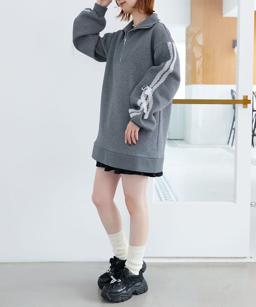 MAJESTIC LEGON（マジェスティックレゴン）の「レースリボンZIP裏起毛スウェット（スウェット・レディース・チャコールグレー/アイボリー/グレー・MEDIUM）」の18枚目の写真