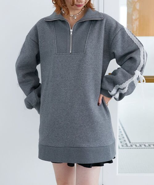 MAJESTIC LEGON（マジェスティックレゴン）の「レースリボンZIP裏起毛スウェット（スウェット・レディース・チャコールグレー/アイボリー/グレー・MEDIUM）」の20枚目の写真