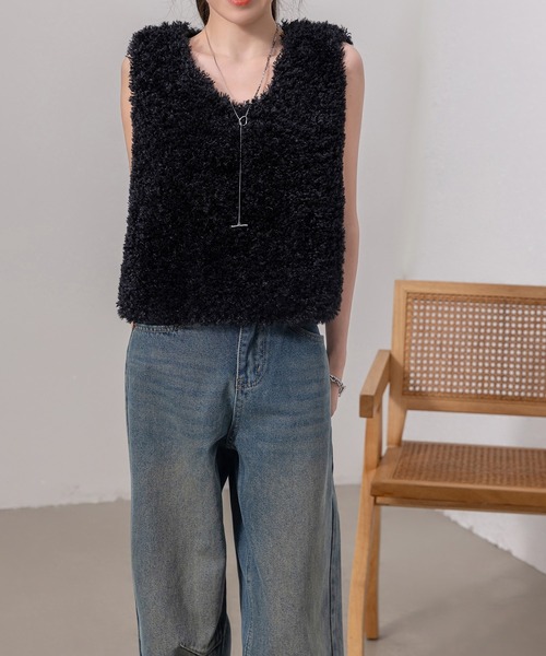 ショート丈/裏地付き/Vネックで小顔魅せ】モコモコプードルファー