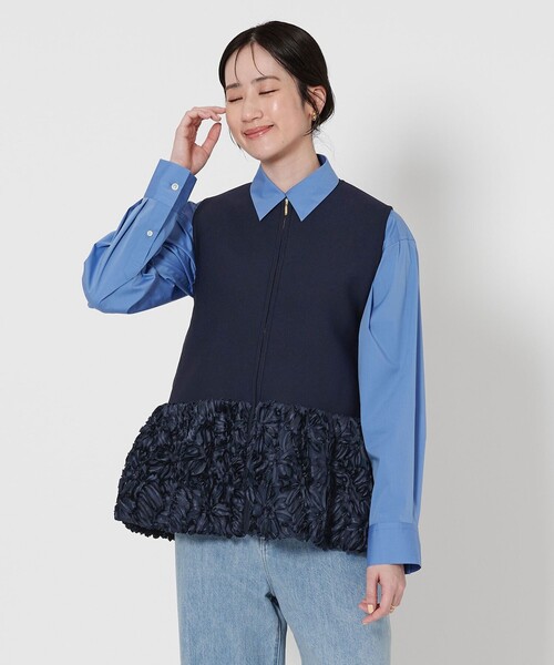 【新品】ユナイテッドアローズ フラワーサテン コンビ ベスト ニット ネイビー UNITED ARROWS（ユナイテッドアローズ）の「フラワー サテン コンビ