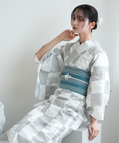 浴衣3点セット 綿麻×紅梅 白地のうさぎ市松