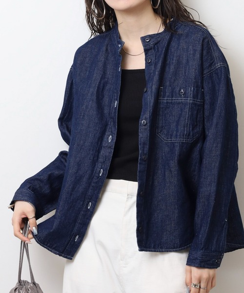 猫目 セール】デニム ワンポケ猫目釦長袖シャツ（シャツ/ブラウス