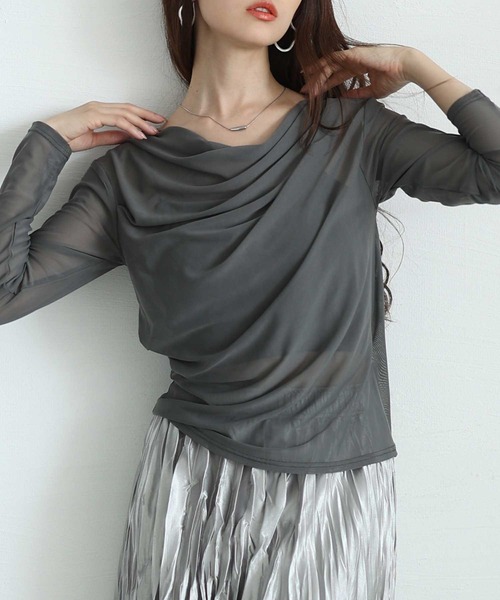 Sawa a la mode(サワアラモード)の「シアーボートネックプルオーバー(Tシャツ/カットソー・レディース・ブラック/オフホワイト/グレー・FREE)」の3枚目の写真