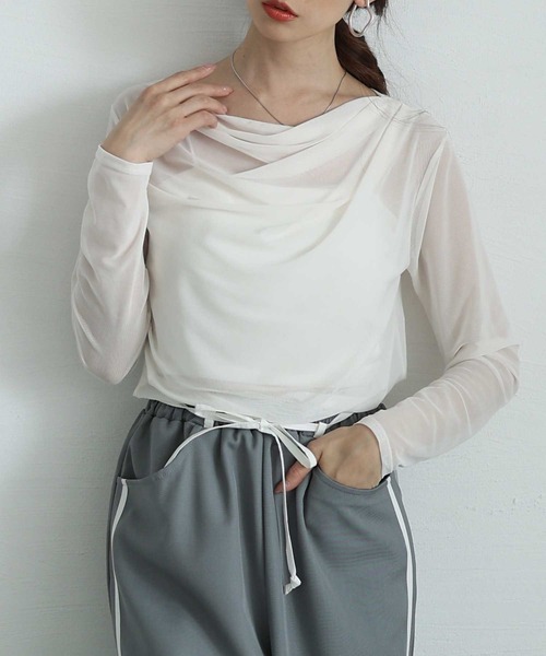 Sawa a la mode(サワアラモード)の「シアーボートネックプルオーバー(Tシャツ/カットソー・レディース・ブラック/オフホワイト/グレー・FREE)」の2枚目の写真