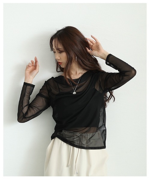 Sawa a la mode(サワアラモード)の「シアーボートネックプルオーバー(Tシャツ/カットソー・レディース・ブラック/オフホワイト/グレー・FREE)」の10枚目の写真