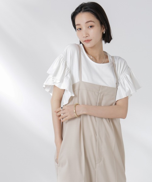 NANO universe（ナノユニバース）の「STORATECH 機能素材フレアデザインスリーブトップス（Tシャツ/カットソー・レディース・ブラック/カーキ/ホワイト・FREE）」の2枚目の写真