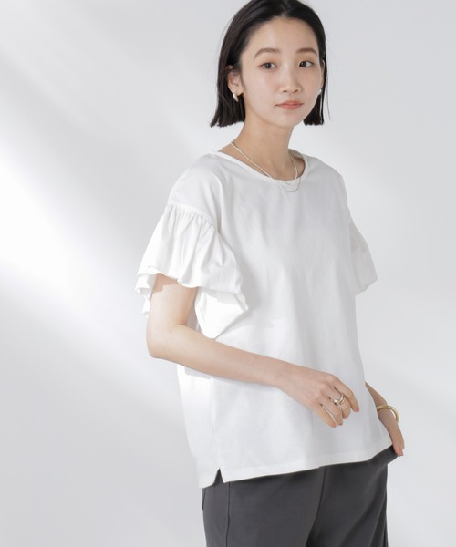 NANO universe（ナノユニバース）の「STORATECH 機能素材フレアデザインスリーブトップス（Tシャツ/カットソー・レディース・ブラック/カーキ/ホワイト・FREE）」の6枚目の写真