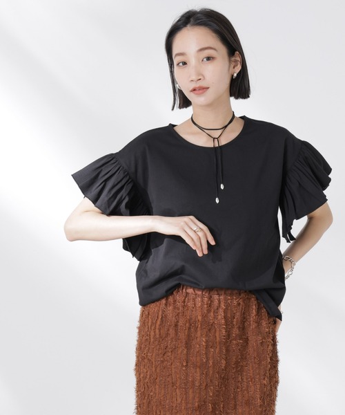 NANO universe（ナノユニバース）の「STORATECH 機能素材フレアデザインスリーブトップス（Tシャツ/カットソー・レディース・ブラック/カーキ/ホワイト・FREE）」の22枚目の写真