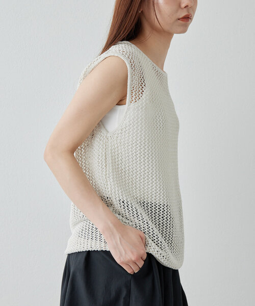 Drawing Numbers 美品！メッシュニット ホワイト Drawing Numbers】ワシメッシュリラックスノースリーブニット