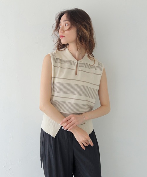CLEIO(クレイオ)の「【CLEIO】ボーダーノースリーブニット BORDER SLEEVELESS KNIT/986-13612(ニット/セーター・レディース・アイボリー/ネイビー/レッド・FREE)」の4枚目の写真