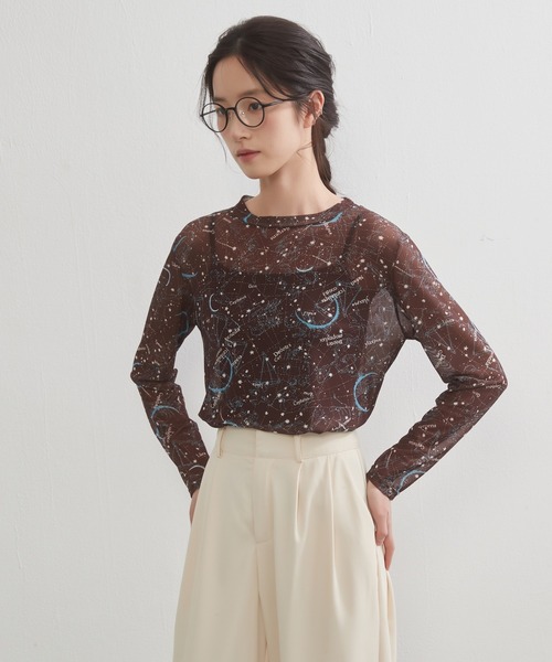 On One's Own(オンワンズオン)の「On One's Own 星座とドット2柄プリントパワーネット長袖シアートップ(Tシャツ/カットソー・レディース・ブラック/グレー系その他/ブラック系その他/ブラウン/ベージュ系その他・FREE)」の4枚目の写真