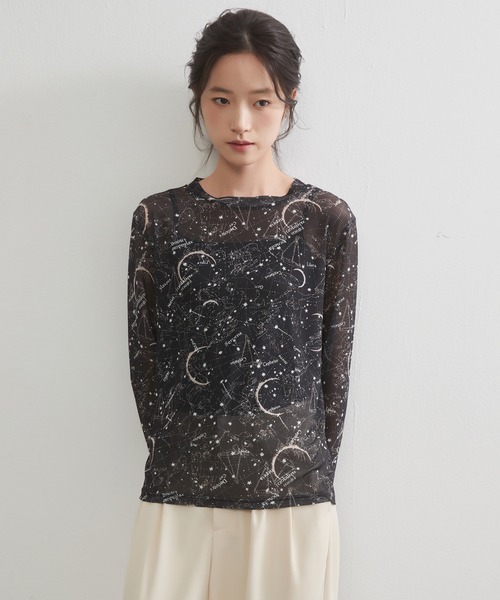 On One's Own(オンワンズオン)の「On One's Own 星座とドット2柄プリントパワーネット長袖シアートップ(Tシャツ/カットソー・レディース・ブラック/グレー系その他/ブラック系その他/ブラウン/ベージュ系その他・FREE)」の10枚目の写真