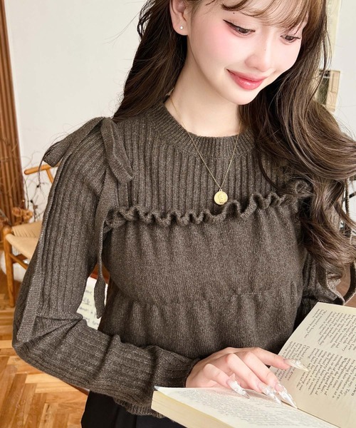 セール】シャーリングギャザーリボンキャミ＋ニットプルオーバーセット