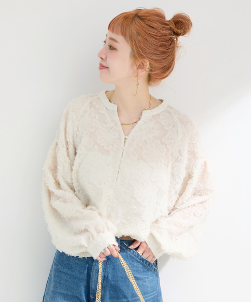 Simplicite（サンプリシテ）の「《追加6》手洗い可 / パフスリーブジャガードブラウス（シャツ/ブラウス・レディース・ブラック/アイボリー・FREE）」の5枚目の写真