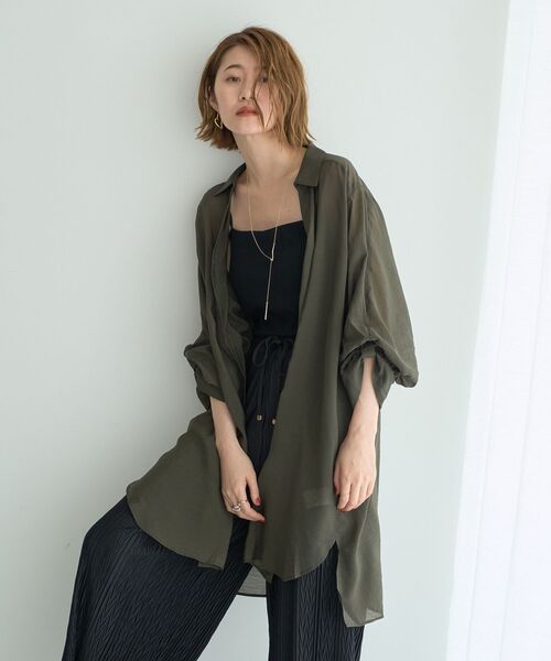 ブラウス シャツ 2way袖デザインロングシャツ レディース セール】2way袖デザインシアーロングシャツ（シャツ/ブラウス