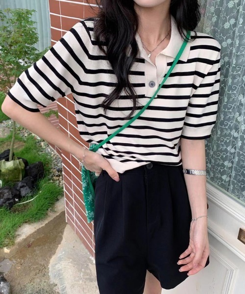 Beststore(ベストストア)の「tシャツトップス ポロシャツ Vネック 半袖(ポロシャツ・レディース・ブラック・FREE)」の14枚目の写真