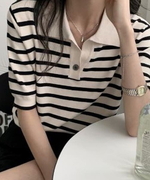 Beststore(ベストストア)の「tシャツトップス ポロシャツ Vネック 半袖(ポロシャツ・レディース・ブラック・FREE)」の2枚目の写真