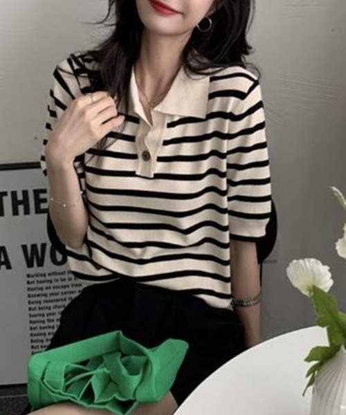 Beststore(ベストストア)の「tシャツトップス ポロシャツ Vネック 半袖(ポロシャツ・レディース・ブラック・FREE)」の6枚目の写真