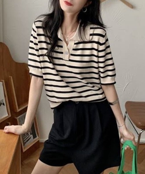 Beststore(ベストストア)の「tシャツトップス ポロシャツ Vネック 半袖(ポロシャツ・レディース・ブラック・FREE)」の7枚目の写真
