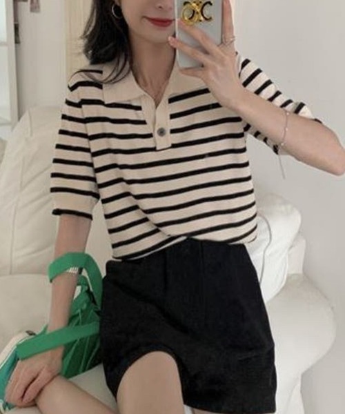 Beststore(ベストストア)の「tシャツトップス ポロシャツ Vネック 半袖(ポロシャツ・レディース・ブラック・FREE)」の9枚目の写真