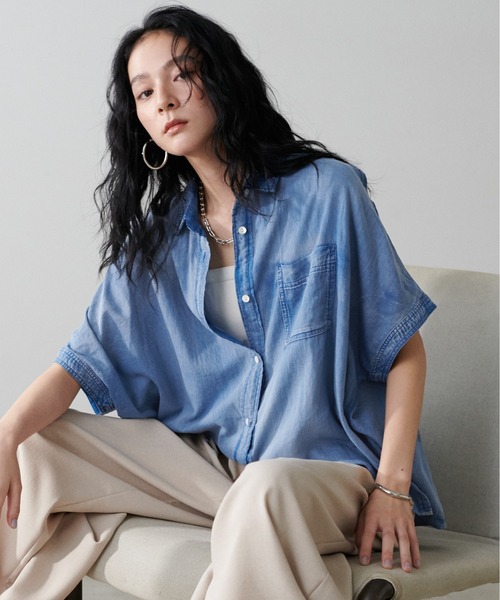 ブラウス シャツ 「LARUTA」2WAYフレンチスリーブデニム風シャツ レディース LARUTA】2WAYフレンチスリーブデニム風シャツ（シャツ/ブラウス
